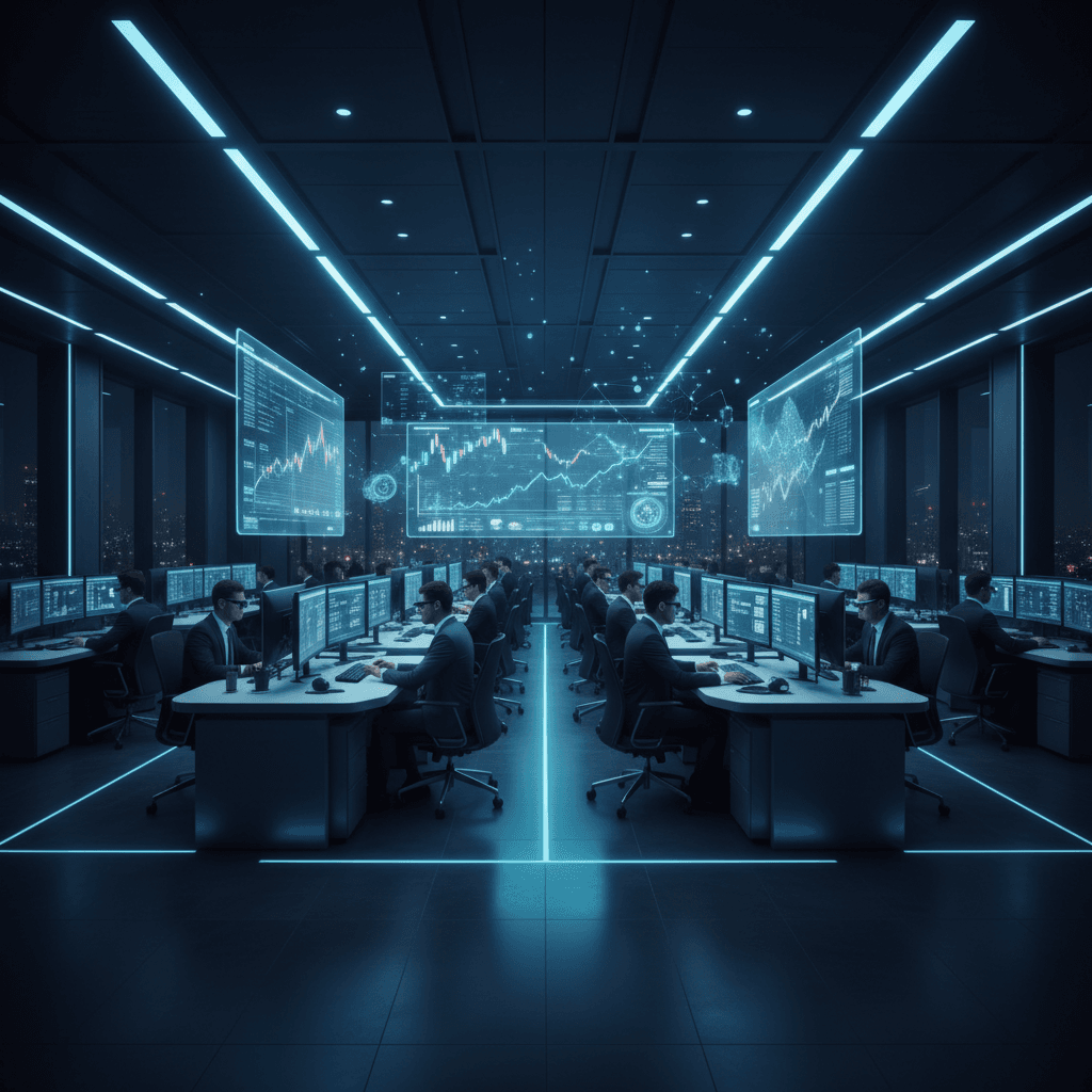 High-tech server room with cyan lighting